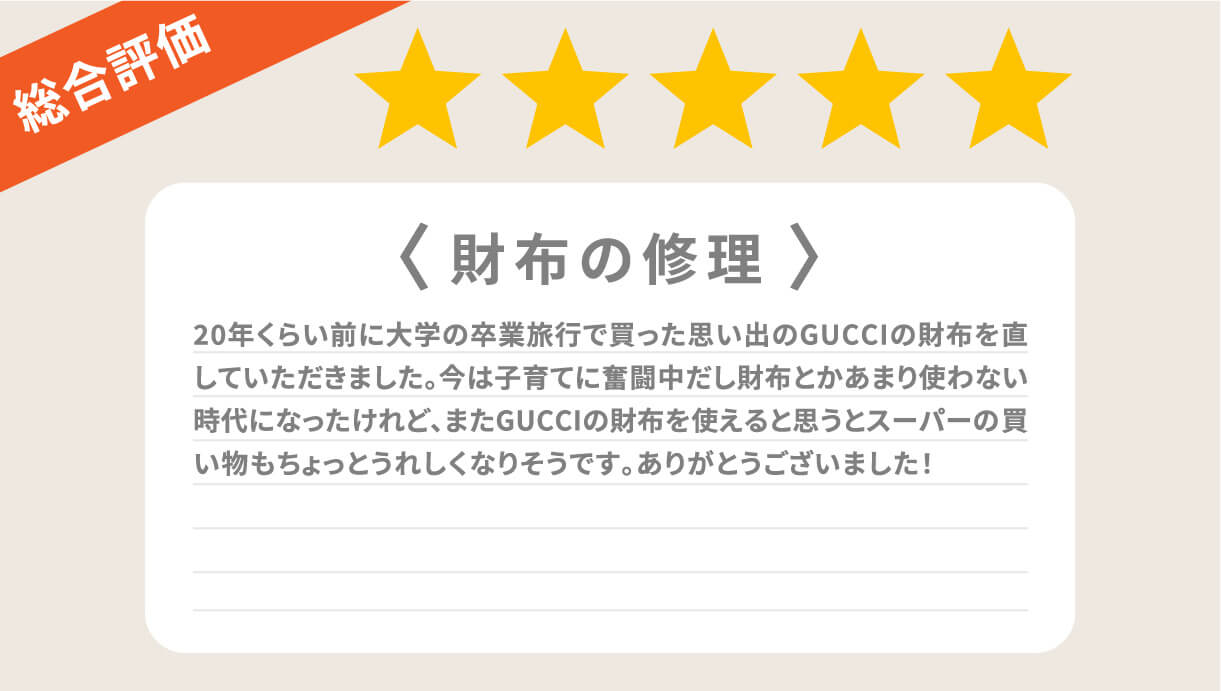 総合評価 財布の修理20年くらい前に大学の卒業旅行で買った思い出のGUCCIの財布を直していただきました。今は子育てに奮闘中だし財布とかあまり使わない時代になったけれど、またGUCCIの財布を使えると思うとスーパーの買い物もちょっとうれしくなりそうです。ありがとうございました！