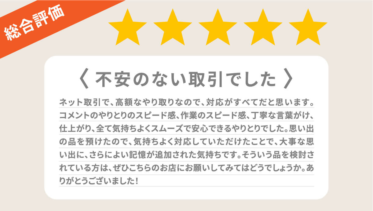 総合評価 不安のない取引でした ネット取引で、高額なやり取りなので、対応がすべてだと思います。コメントのやりとりのスピード感、作業のスピード感、丁寧な言葉がけ、仕上がり、全て気持ちよくスムーズで安心できるやりとりでした。思い出の品を預けたので、気持ちよく対応していただけたことで、大事な思い出に、さらによい記憶が追加された気持ちです。そういう品を検討されている方は、ぜひこちらのお店にお願いしてみてはどうでしょうか。ありがとうございました！