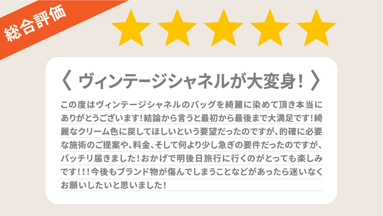 総合評価 ヴィンテージシャネルが大変身！ この度はヴィンテージシャネルのバッグを綺麗に染めて頂き本当にありがとうございます！結論から言うと最初から最後まで大満足です！綺麗なクリーム色に戻してほしいという要望だったのですが、的確に必要な施術のご提案や、料金、そして何より少し急ぎの要件だったのですが、バッチリ届きました！おかげで明後日旅行に行くのがとっても楽しみです！！！今後もブランド物が傷んでしまうことなどがあったら迷いなくお願いしたいと思いました！